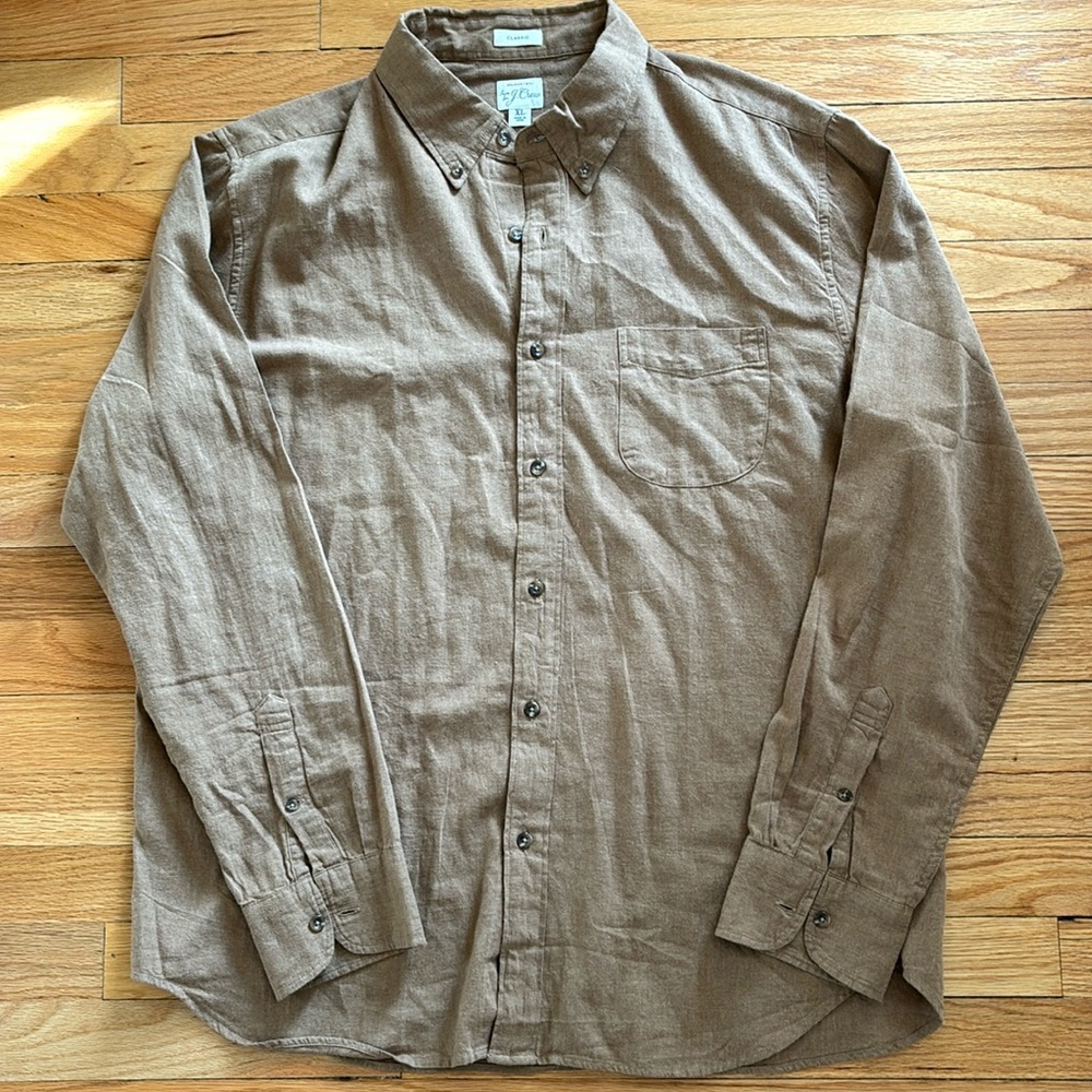 J. Crew Men’s Classic Button Down Tan Twill Shirt, XL